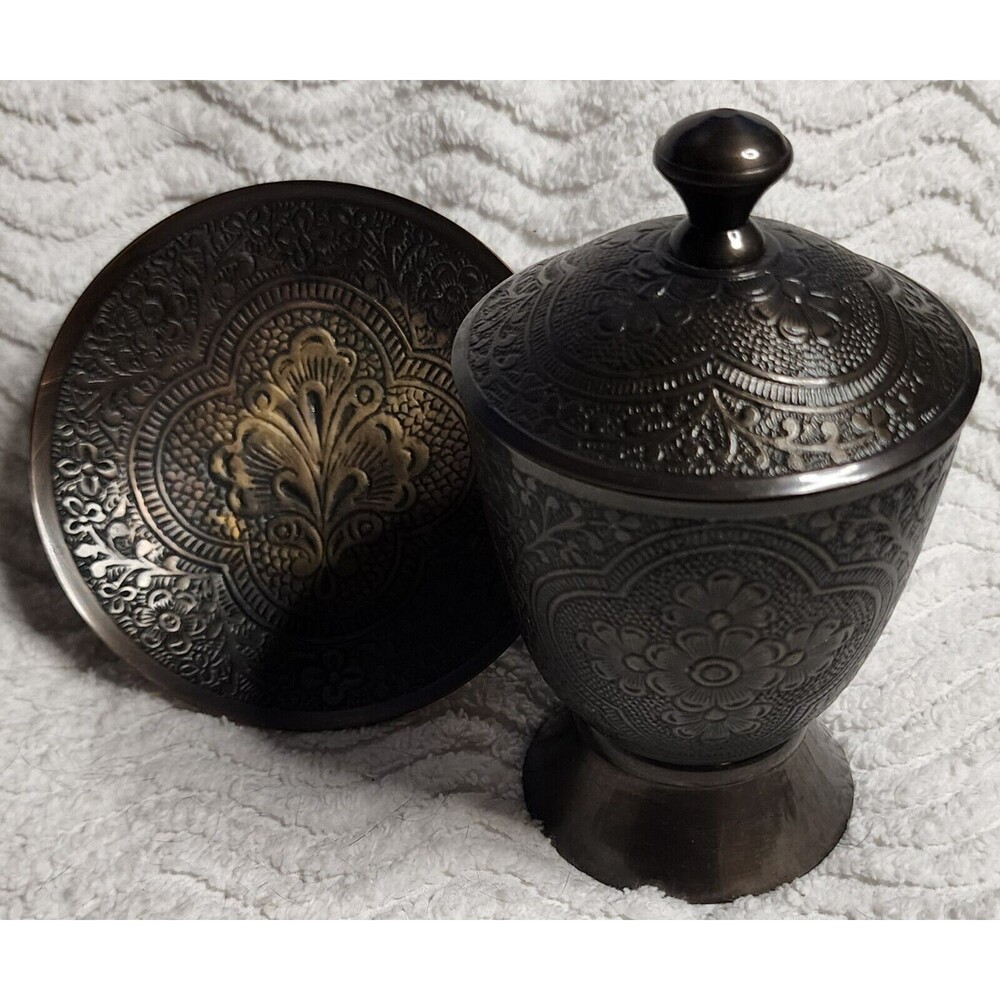 BEAUTIFUL Vintage 3pc BRONZE AntiqueBrass ETCHED 5"TrinketBox Lid 4"Saucer INDIA - Picture 7 of 16